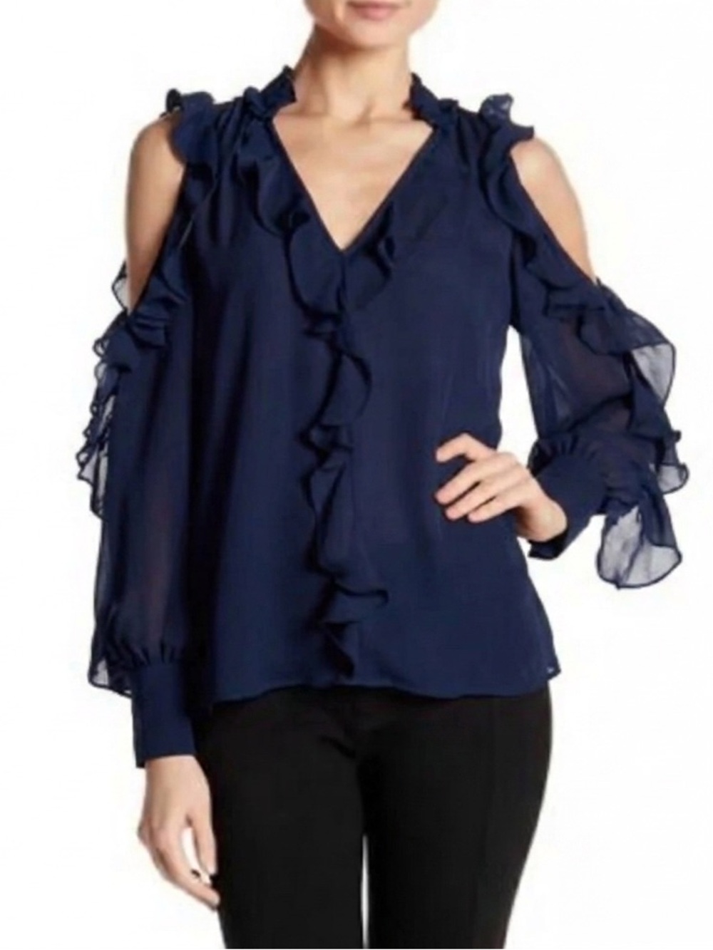 Parker Navy Blue Ruffle Cold Shoulder Blouse Long Sleeve Career Sheer Top XS